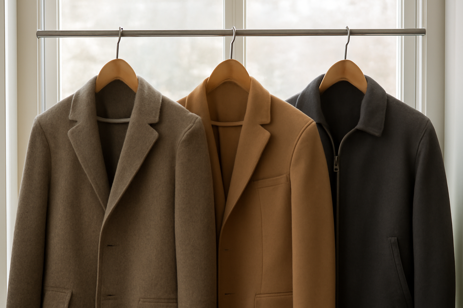 trois vestes sur cintres devant fenêtre