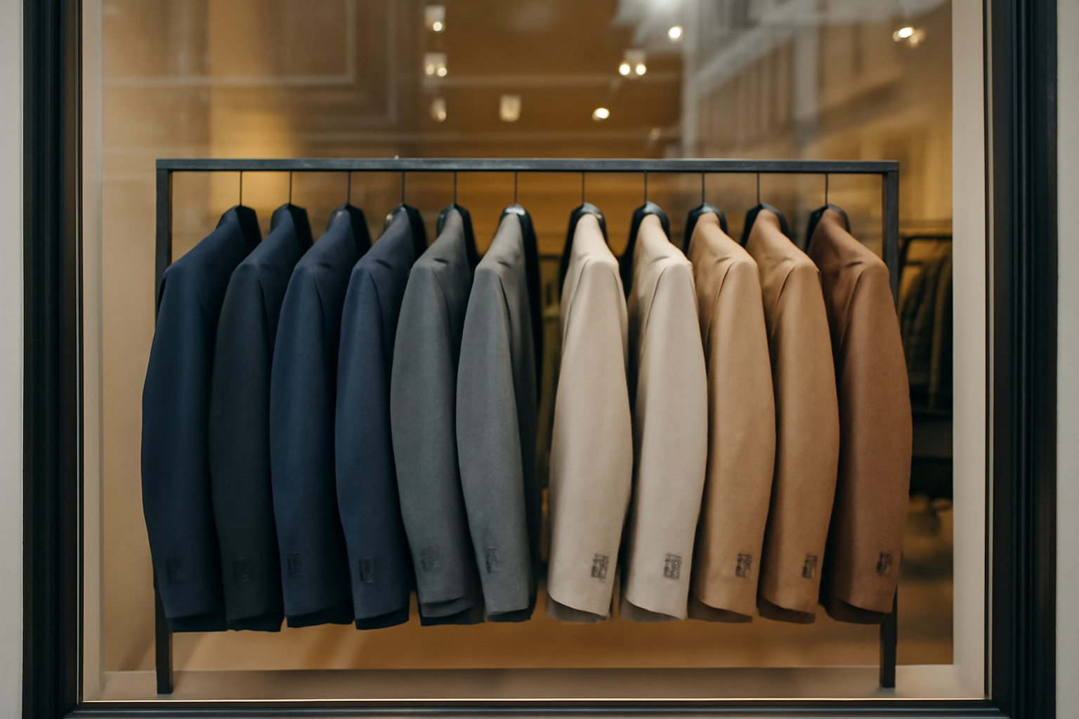 vitrine de magasin avec vestes alignées