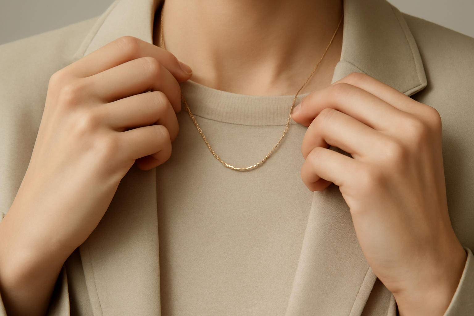 main ajustant un collier sur tenue monochrome