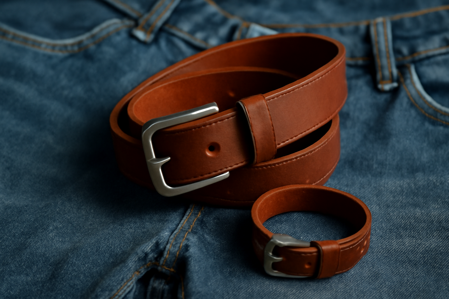 ceinture et bracelet poses sur jean plie