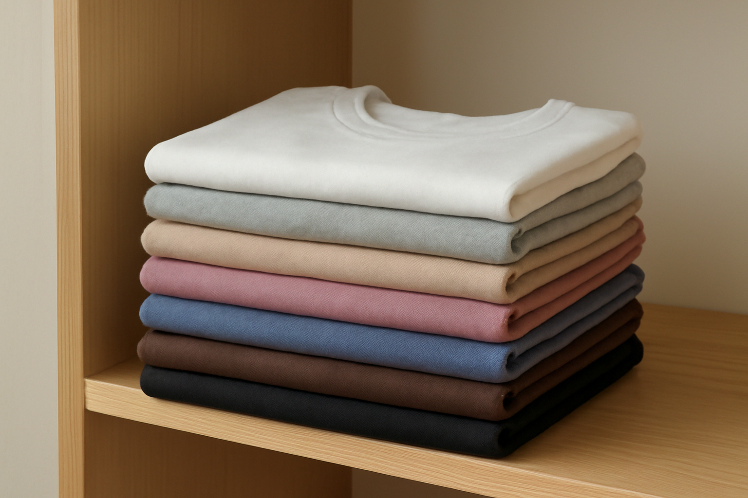 pile de t-shirts basiques alignés sur étagère