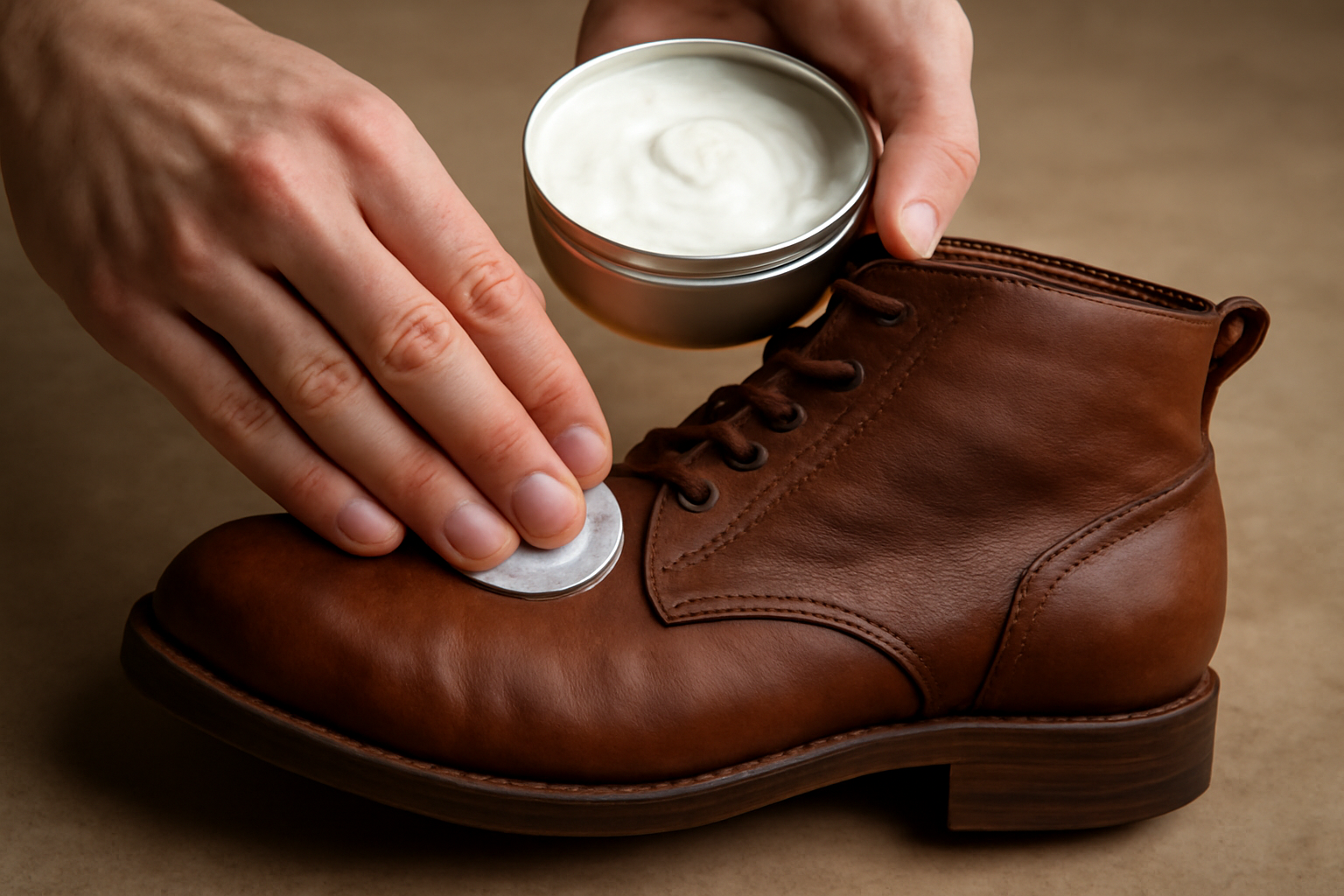 mains mettant creme dans bottine