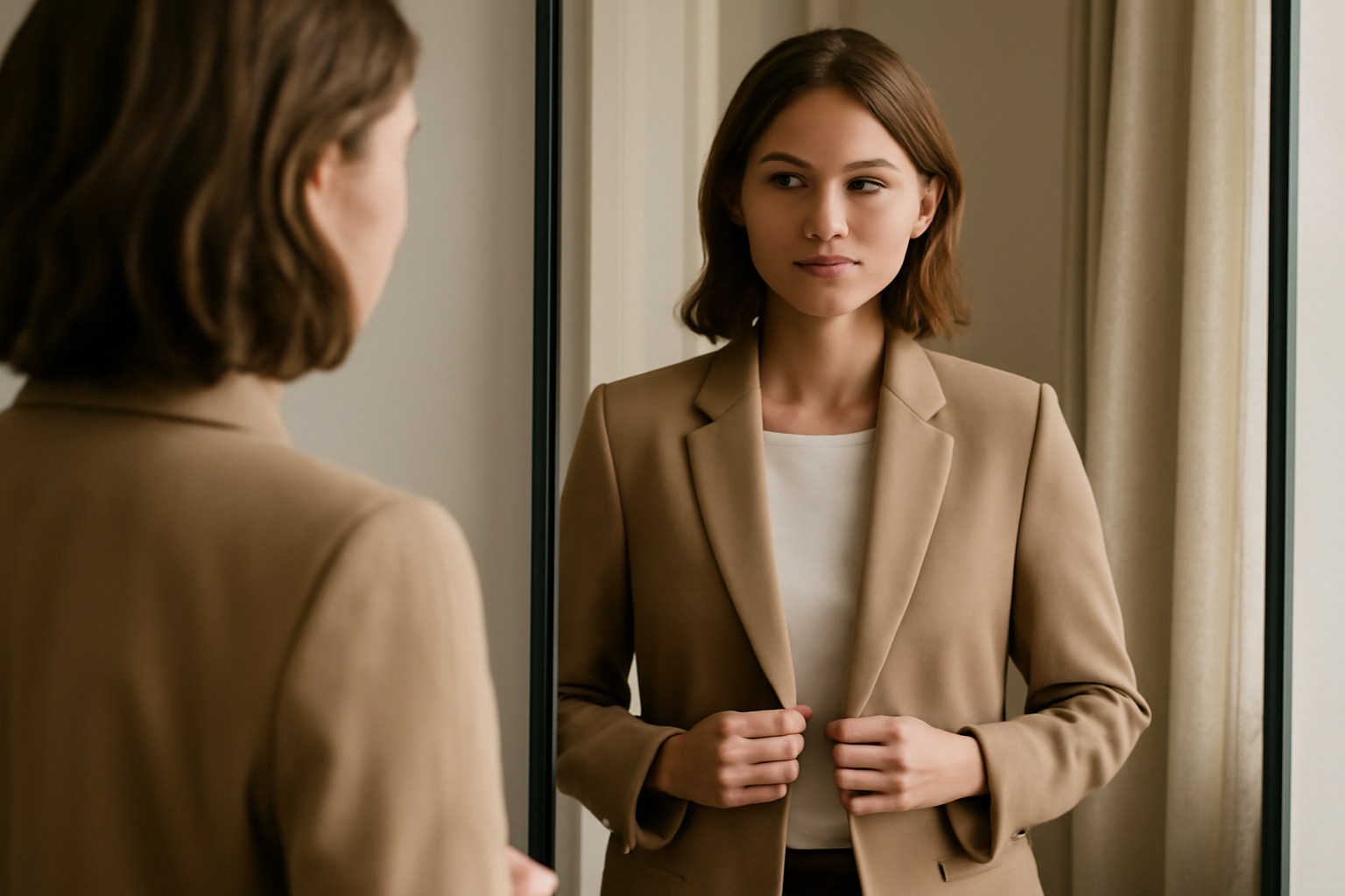 tendancemagasin-blazer-cintre-ou-court femme essayant un blazer devant miroir