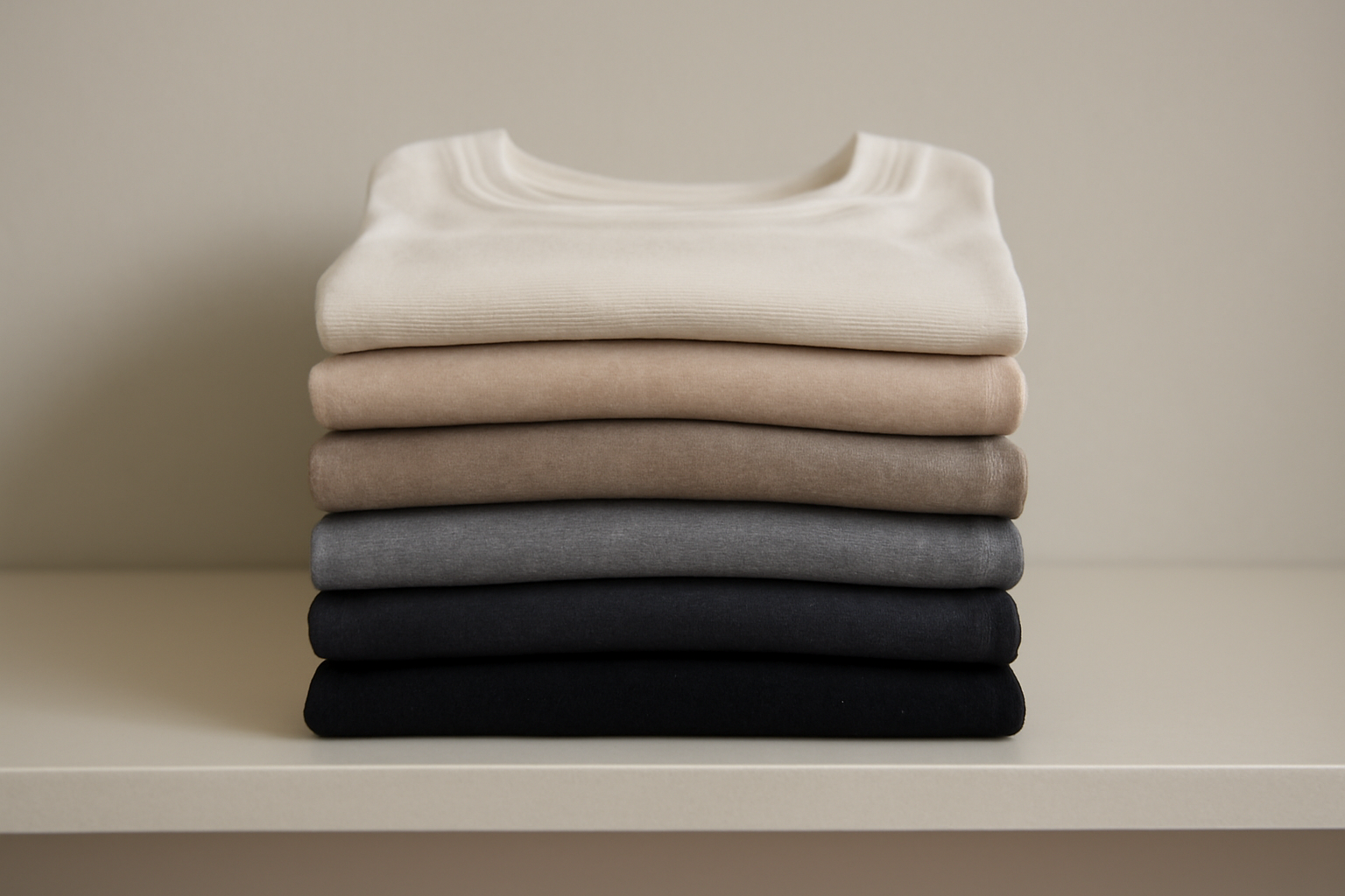 pile de t-shirts pliés sur étagère neutre