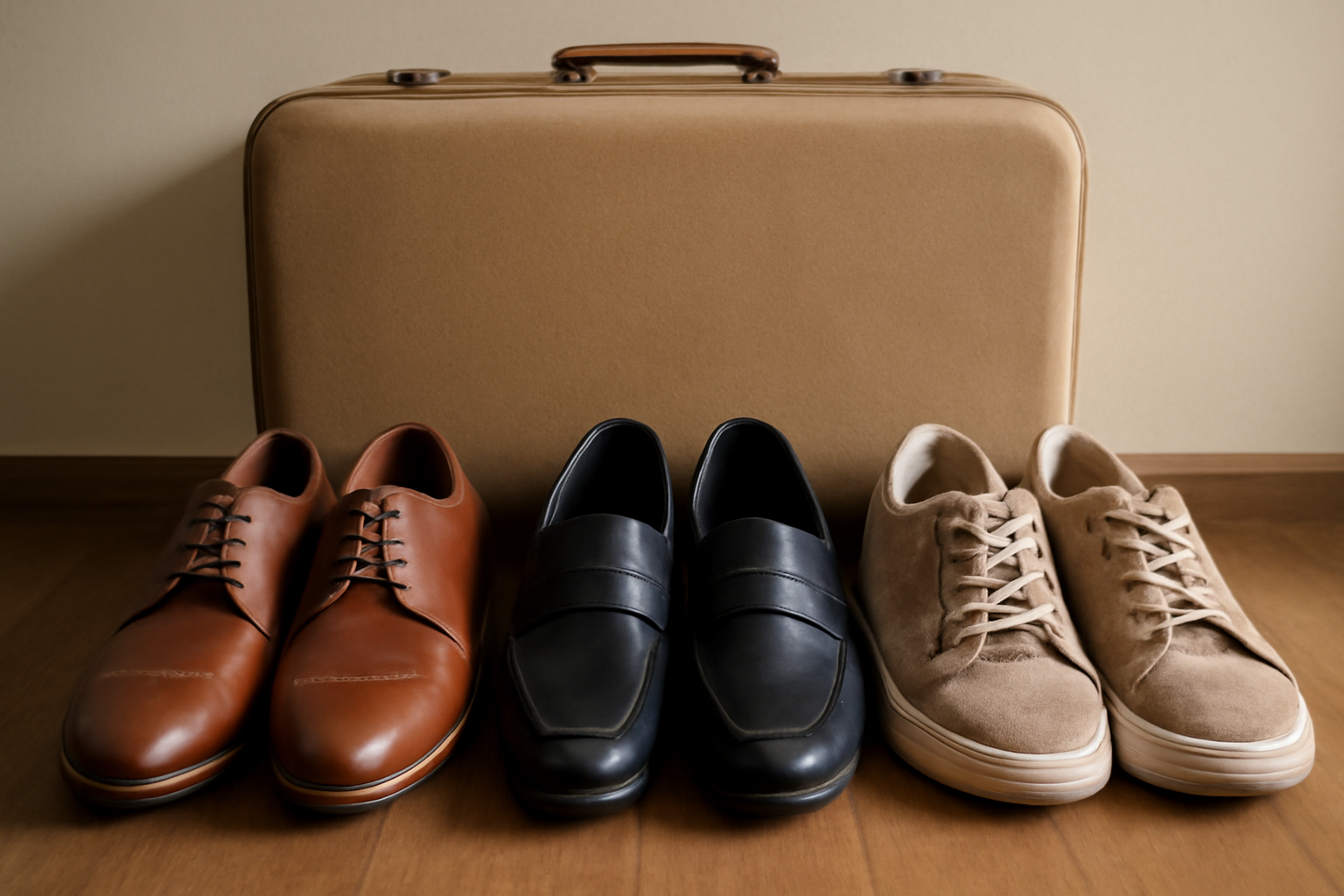 trois paires de chaussures alignées près d'une valise