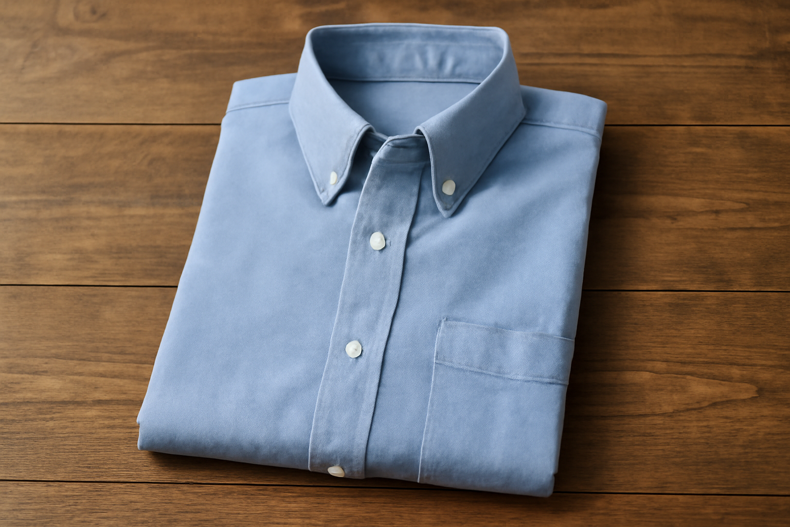 chemise oxford pliee sur table en bois