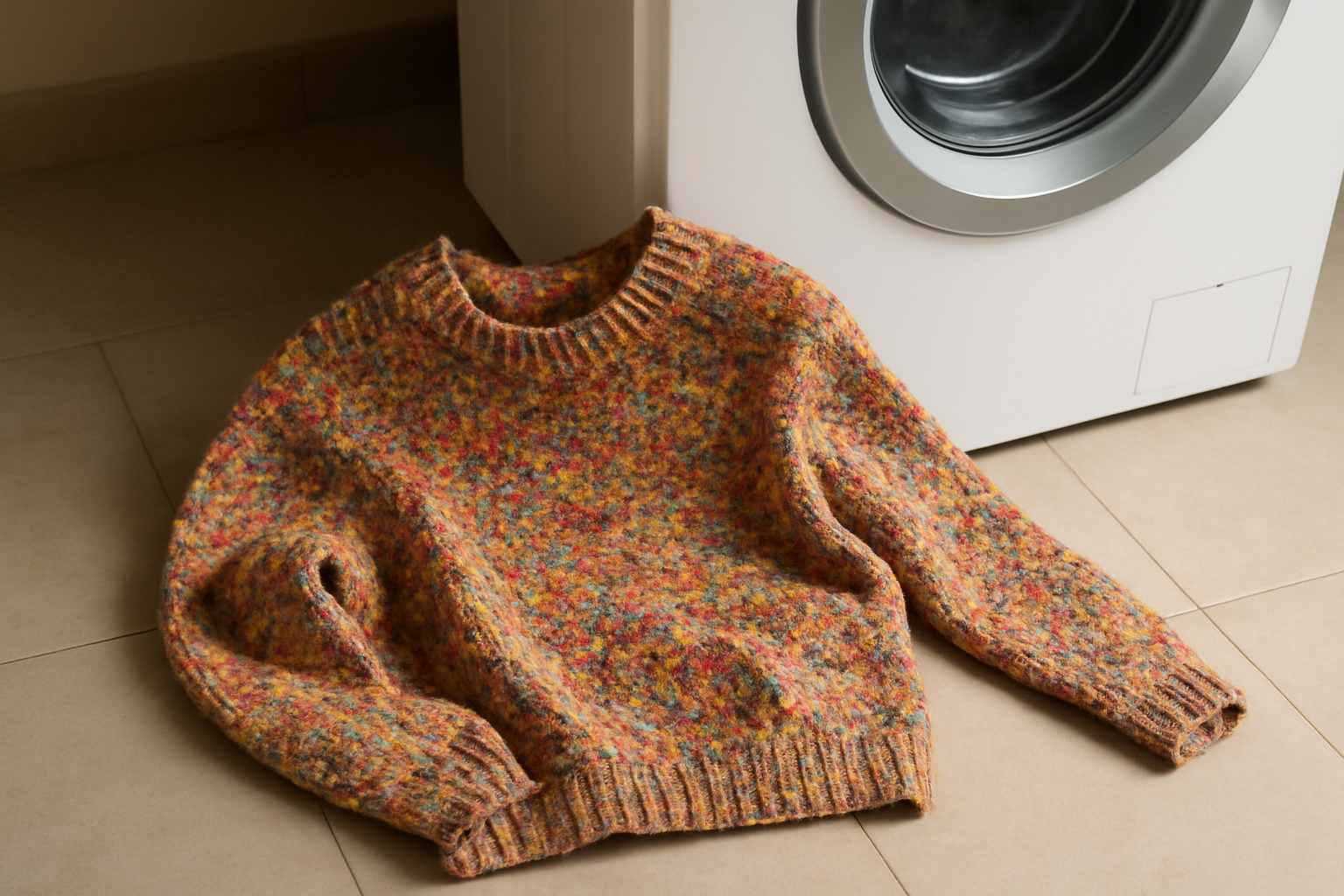 pull coloré posé à côté d'une machine à laver