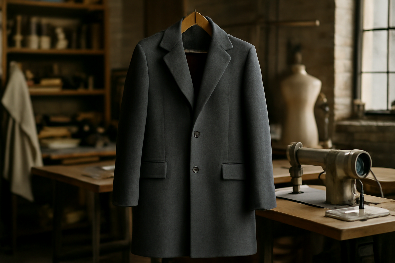 tendancemagasin-delais-precommande-manteau manteau suspendu dans atelier de couture