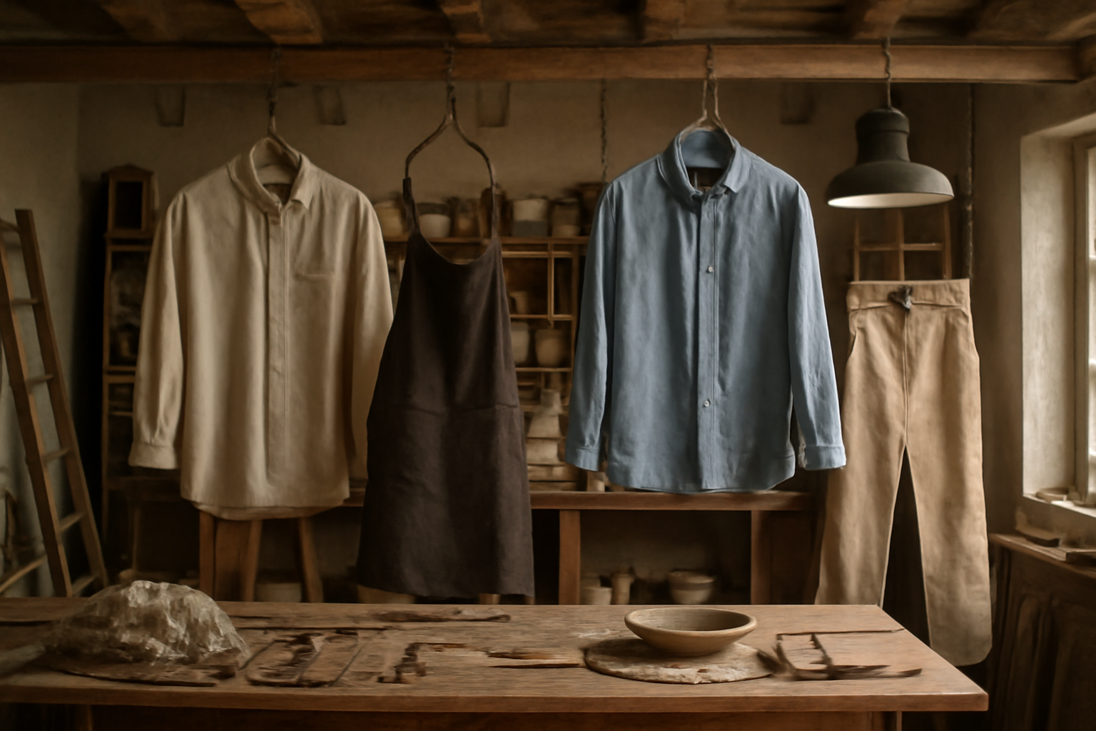 tendancemagasin-denicher-pieces-artisanales atelier d'artisan avec vêtements suspendus