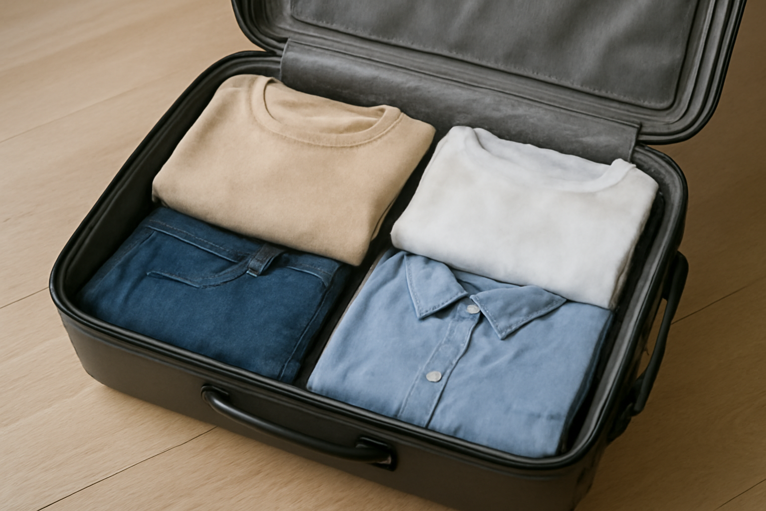 tendancemagasin-dressing-city-break-minimaliste valise ouverte avec tenues pliées
