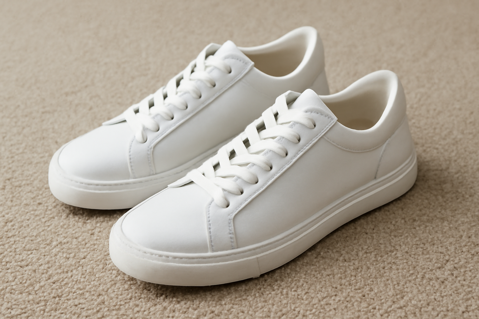 paire de baskets blanches posée sur tapis