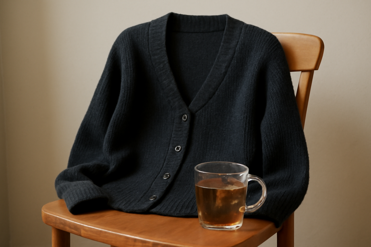 tendancemagasin-gilet-laine-ou-synthetique gilet posé sur chaise pres d'une tisane