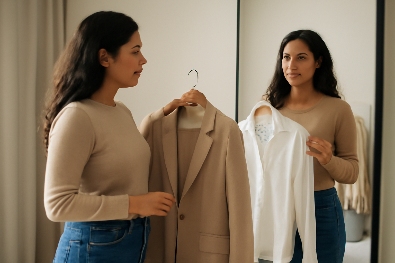 personne choisissant tenue devant un grand miroir