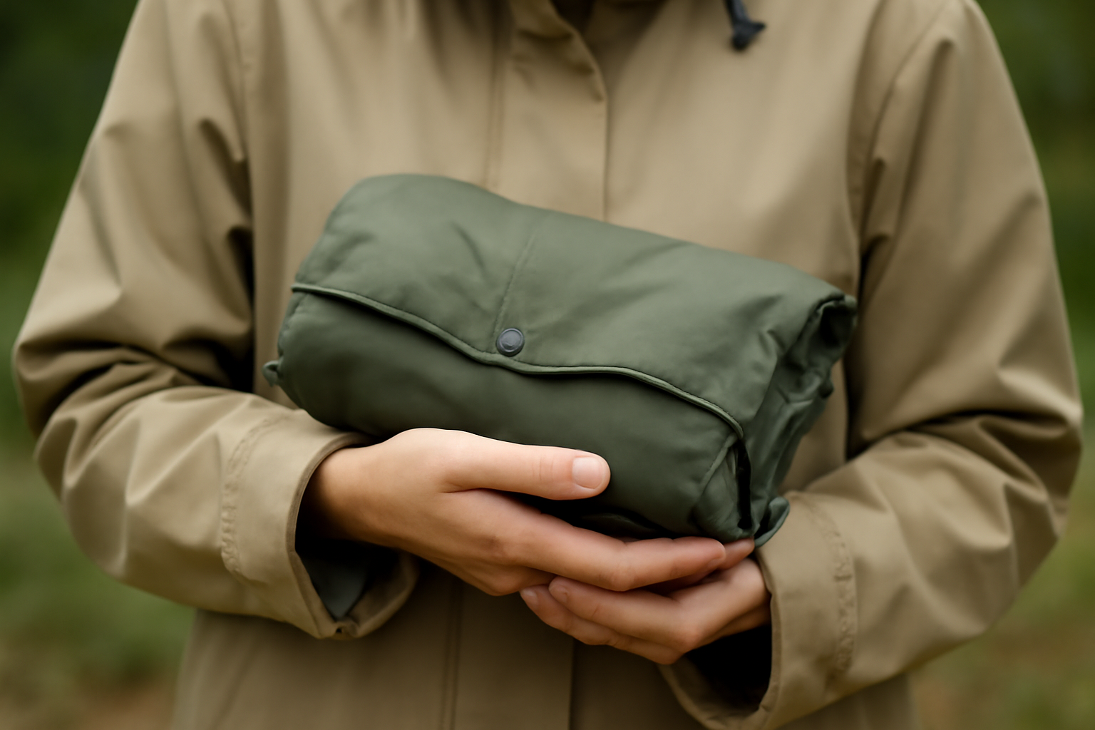 tendancemagasin-impermeable-compact-voyager personne portant un imperméable plié