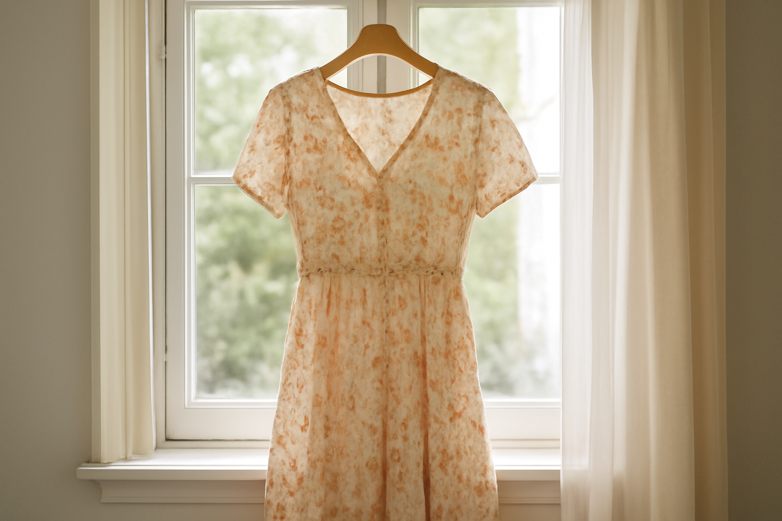 robe imprimée claire accrochée près d'une fenêtre