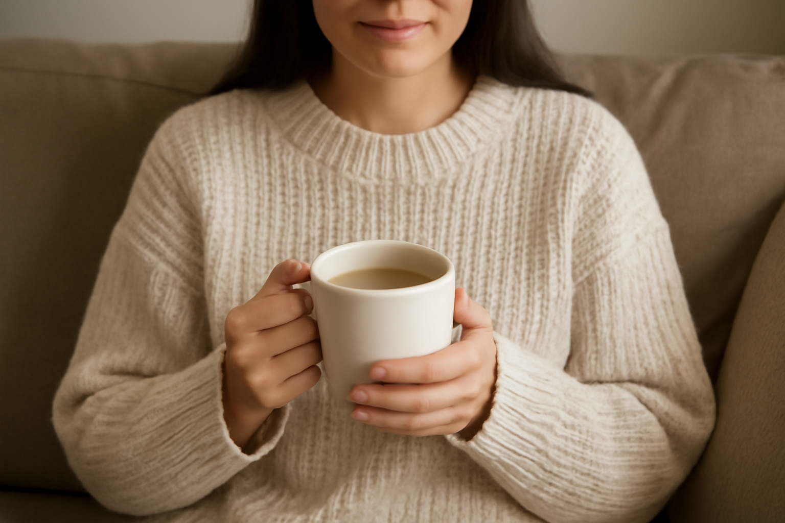 personne en pull cosy sur canapé avec tasse
