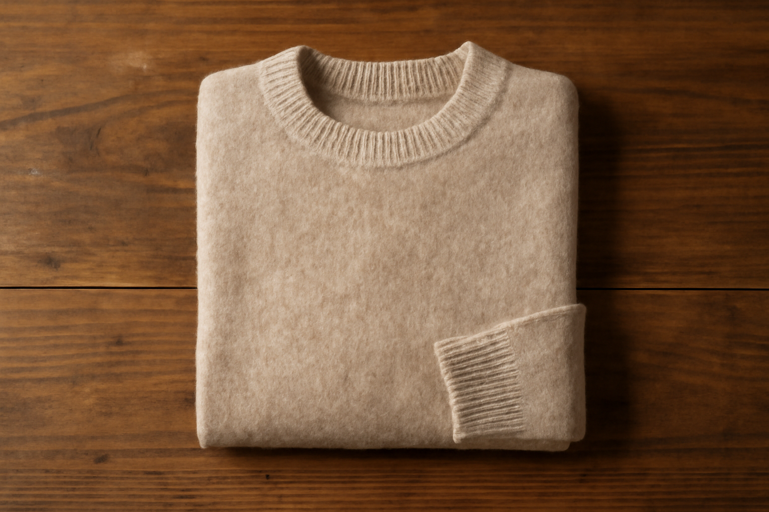 pull doux posé sur table en bois