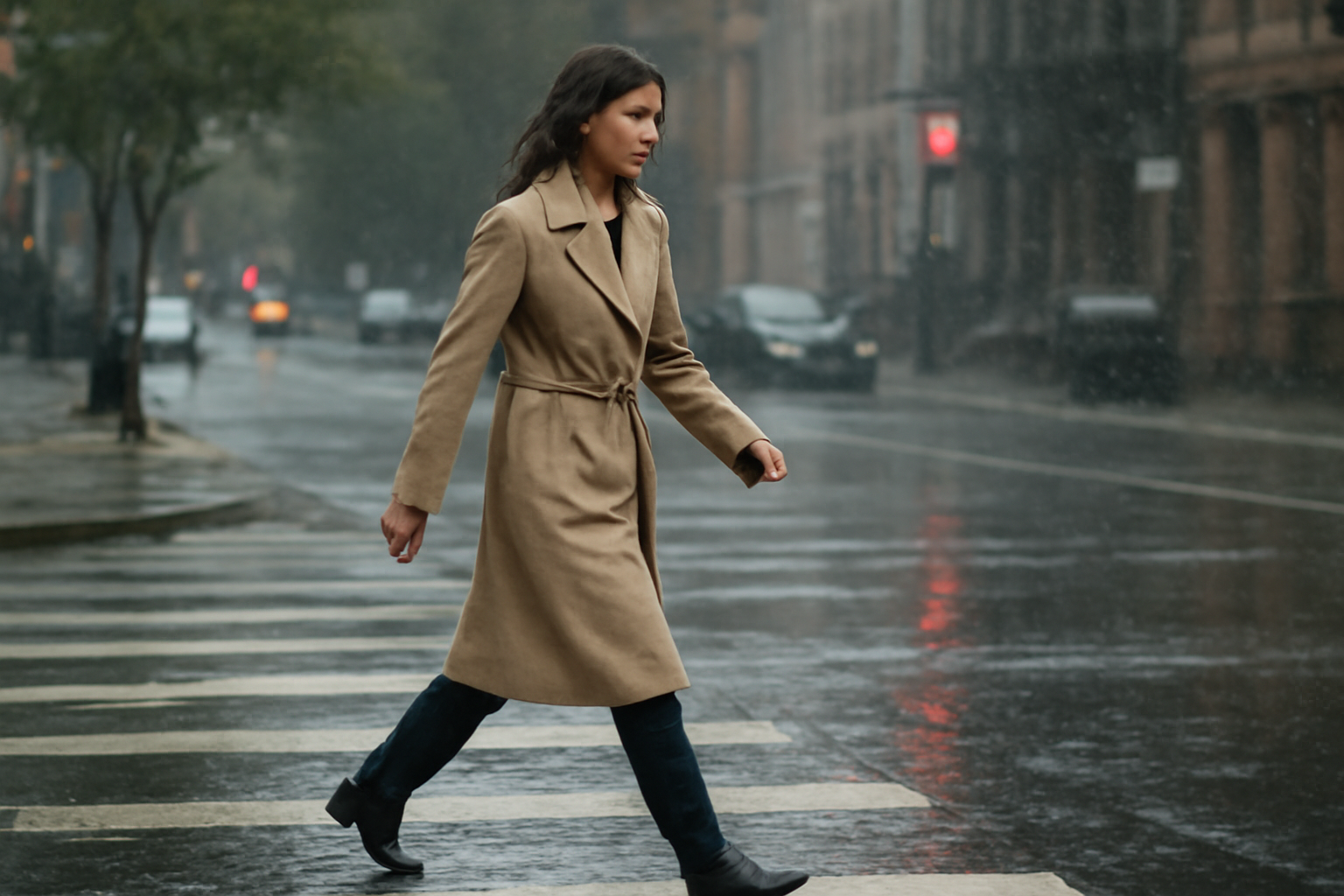 tendancemagasin-manteau-chaleur-ville personne traversant rue sous pluie légère en manteau