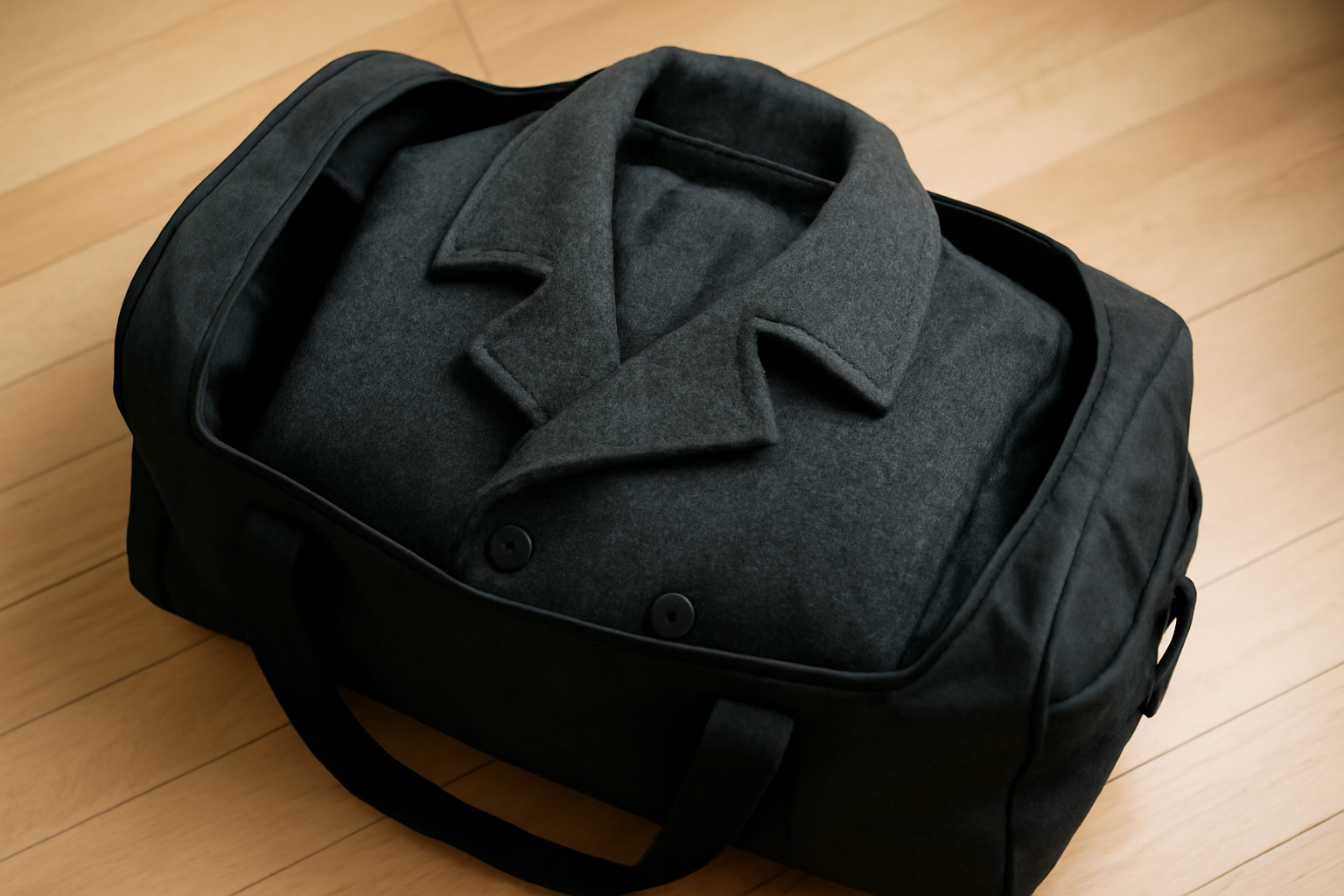 manteau roulé posé dans sac de voyage