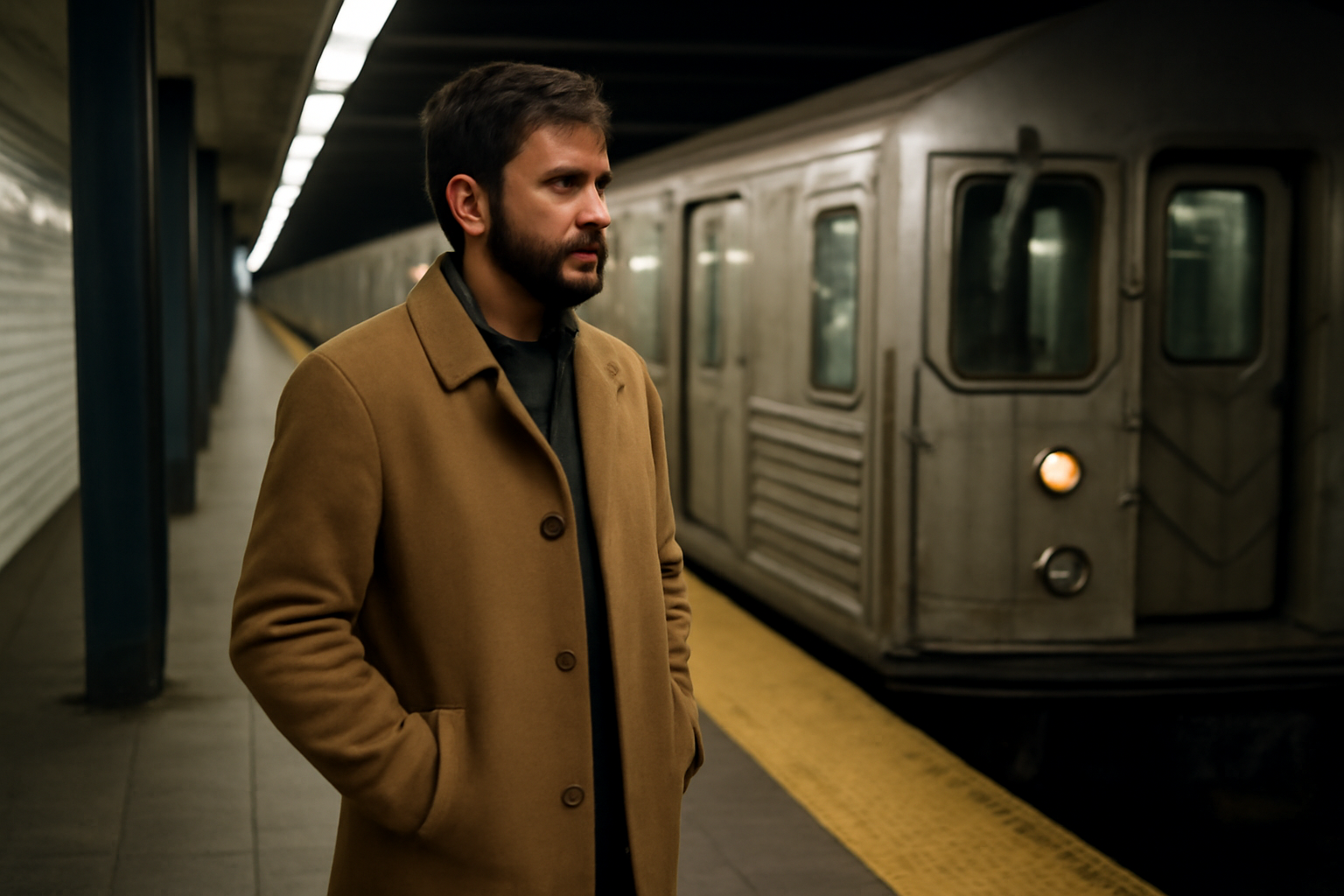 personne portant un manteau sur un quai de métro