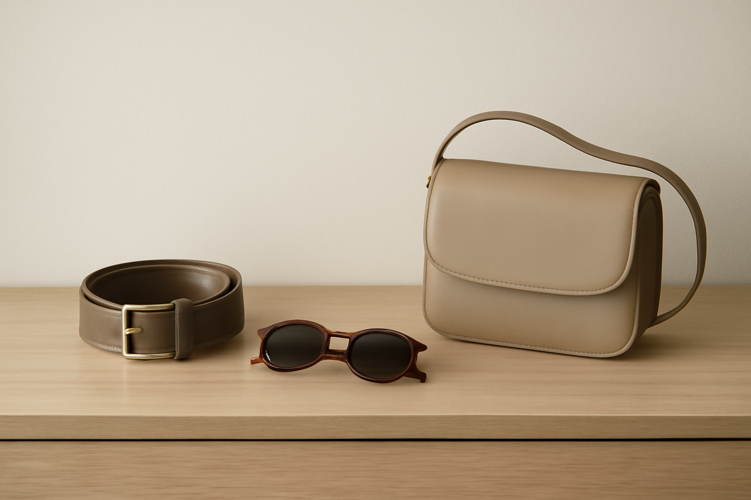 trois accessoires posés sur commode minimaliste