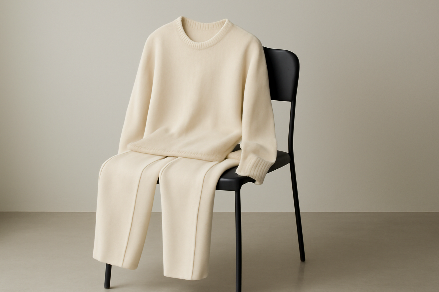 tendancemagasin-pieces-garderobe-monochrome tenue monochrome posée sur chaise minimaliste