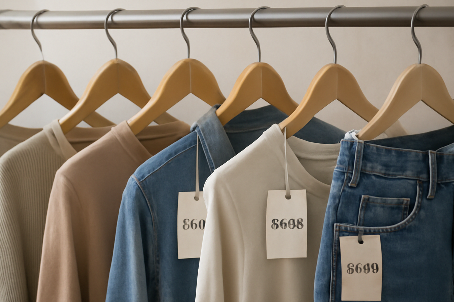 quelques vêtements suspendus avec étiquettes de prix