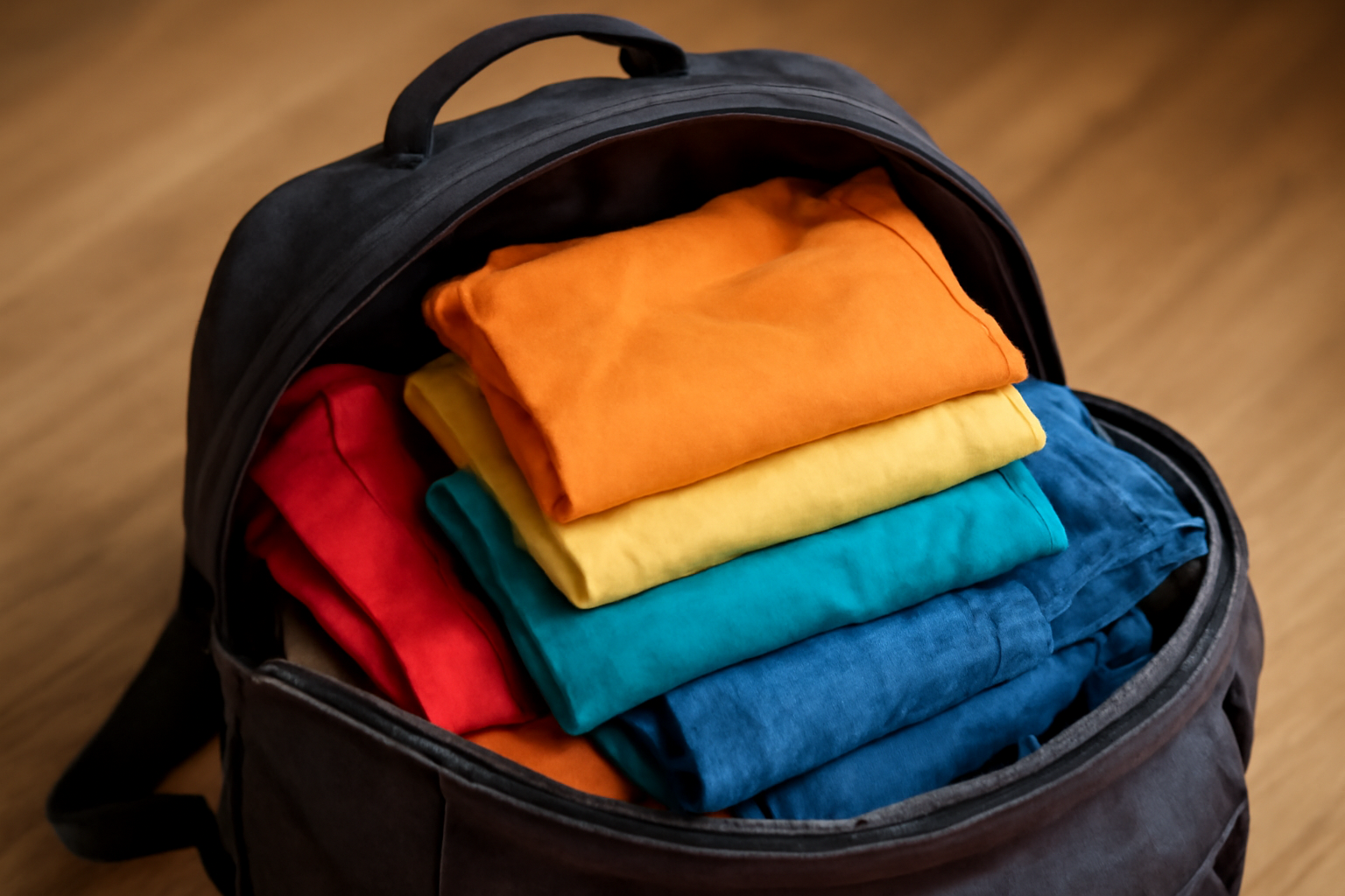 sac a dos ouvert rempli de vetements colores