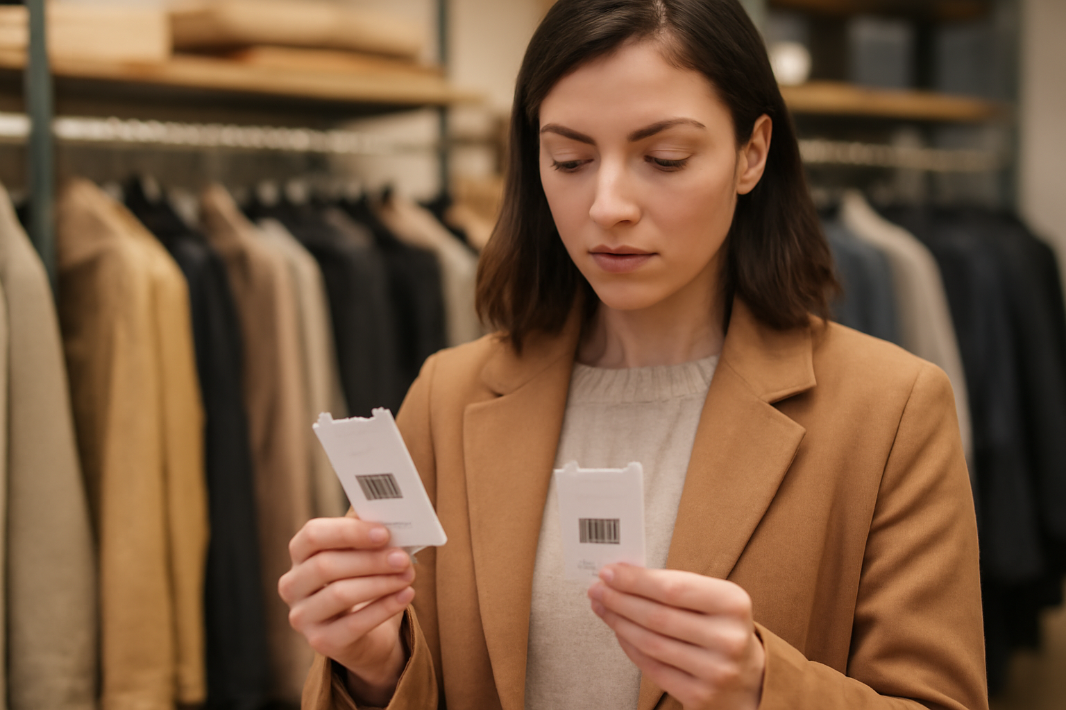 tendancemagasin-planifier-achats-soldes acheteur comparant etiquettes prix dans une boutique