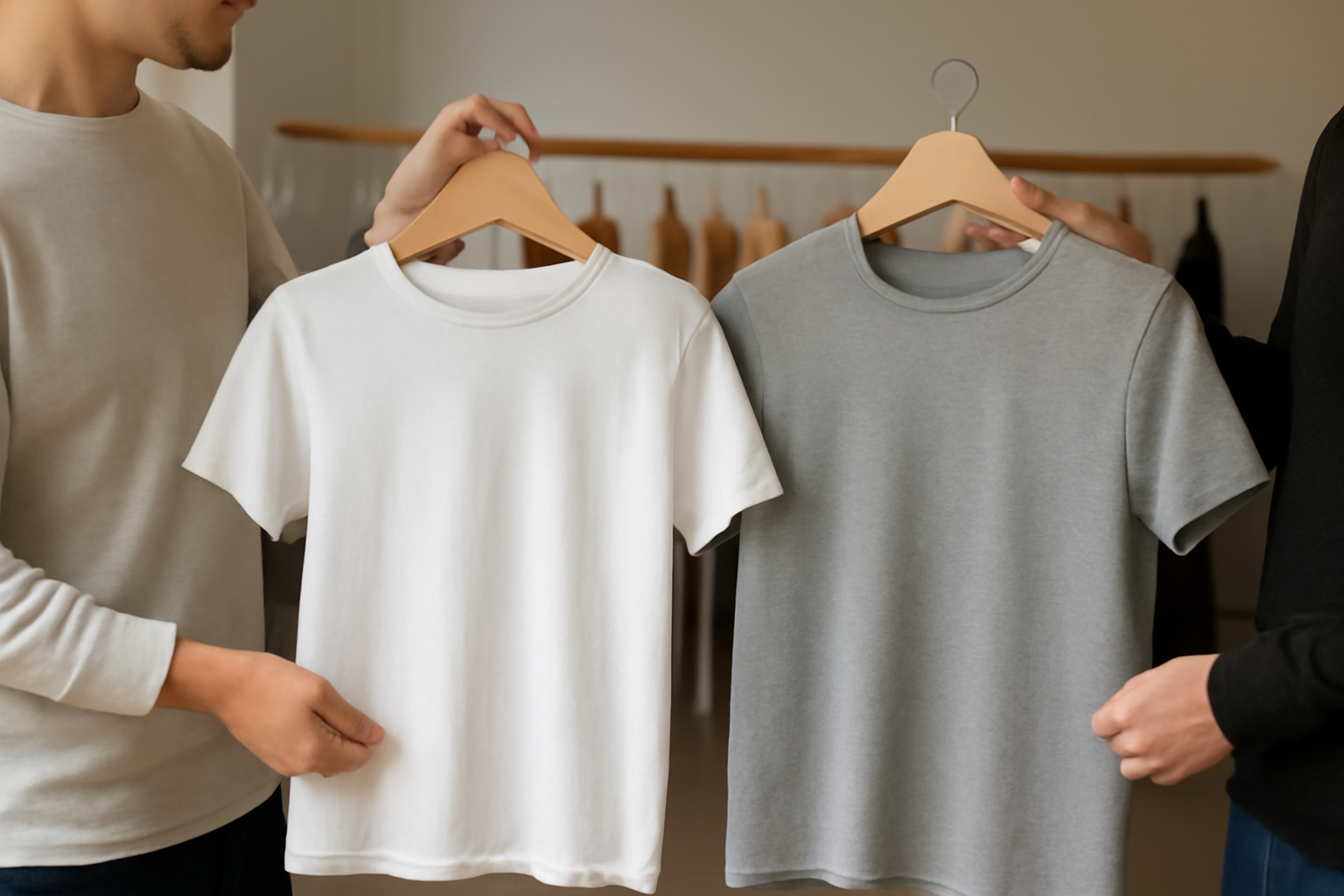 tendancemagasin-primark-vs-stradivarius-basiques personnes comparant deux t-shirts sur cintres