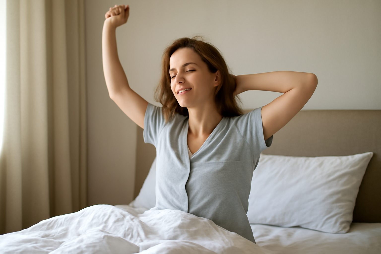 personne s'étirant au réveil dans pyjama léger
