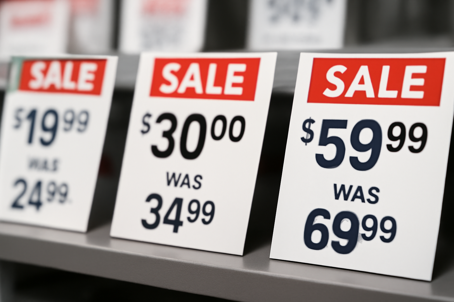tendancemagasin-reperer-promotion-soldes étiquettes de prix avec réduction sur présentoir