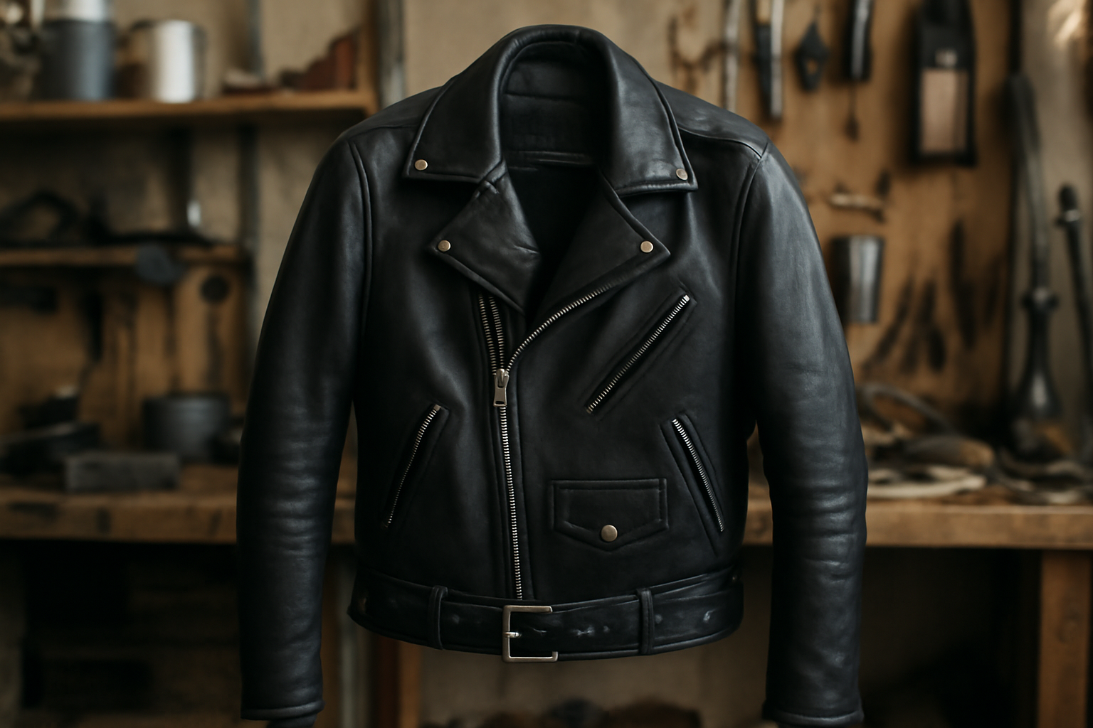 veste en cuir noire suspendue dans atelier