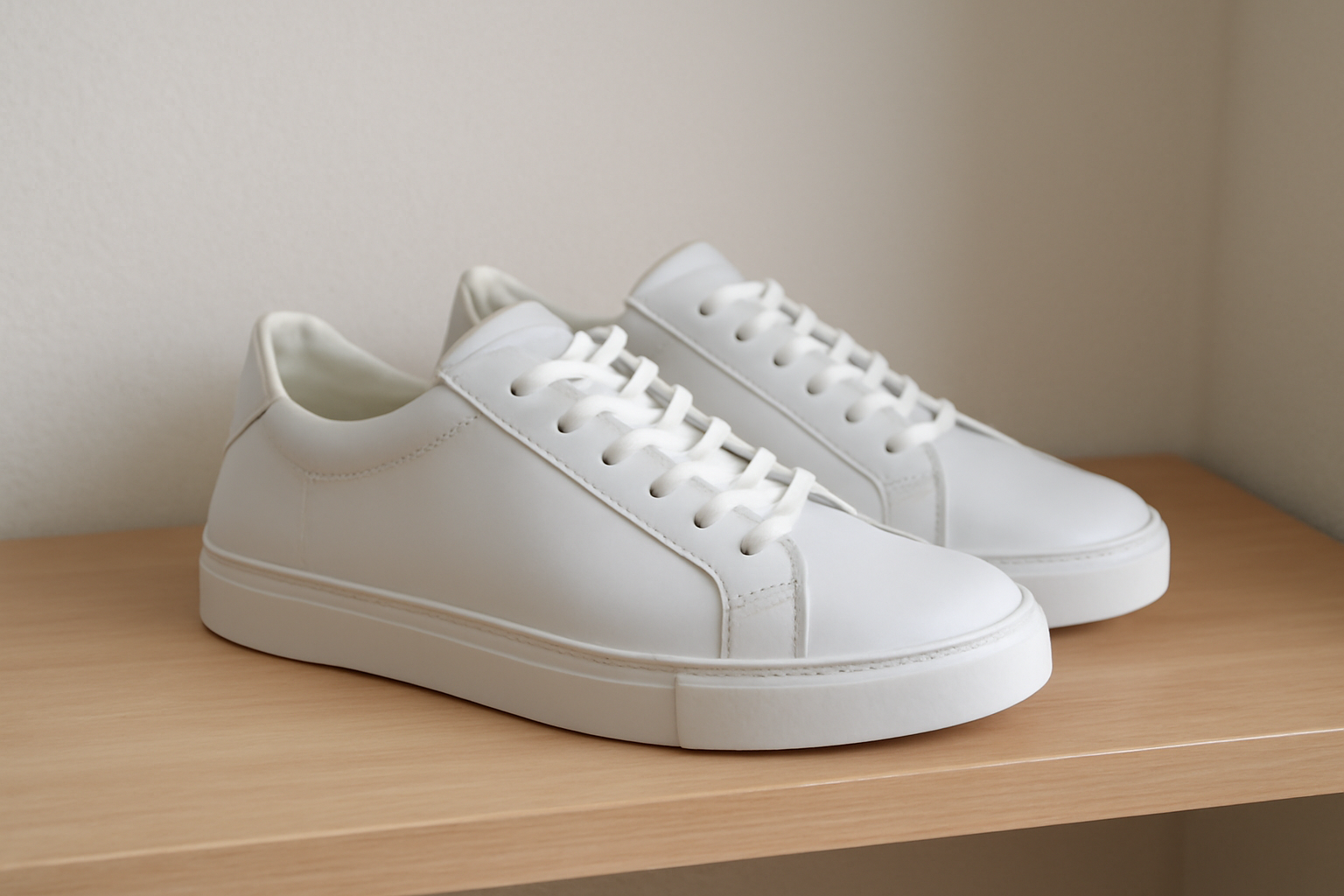 sneakers blanches posées sur étagère