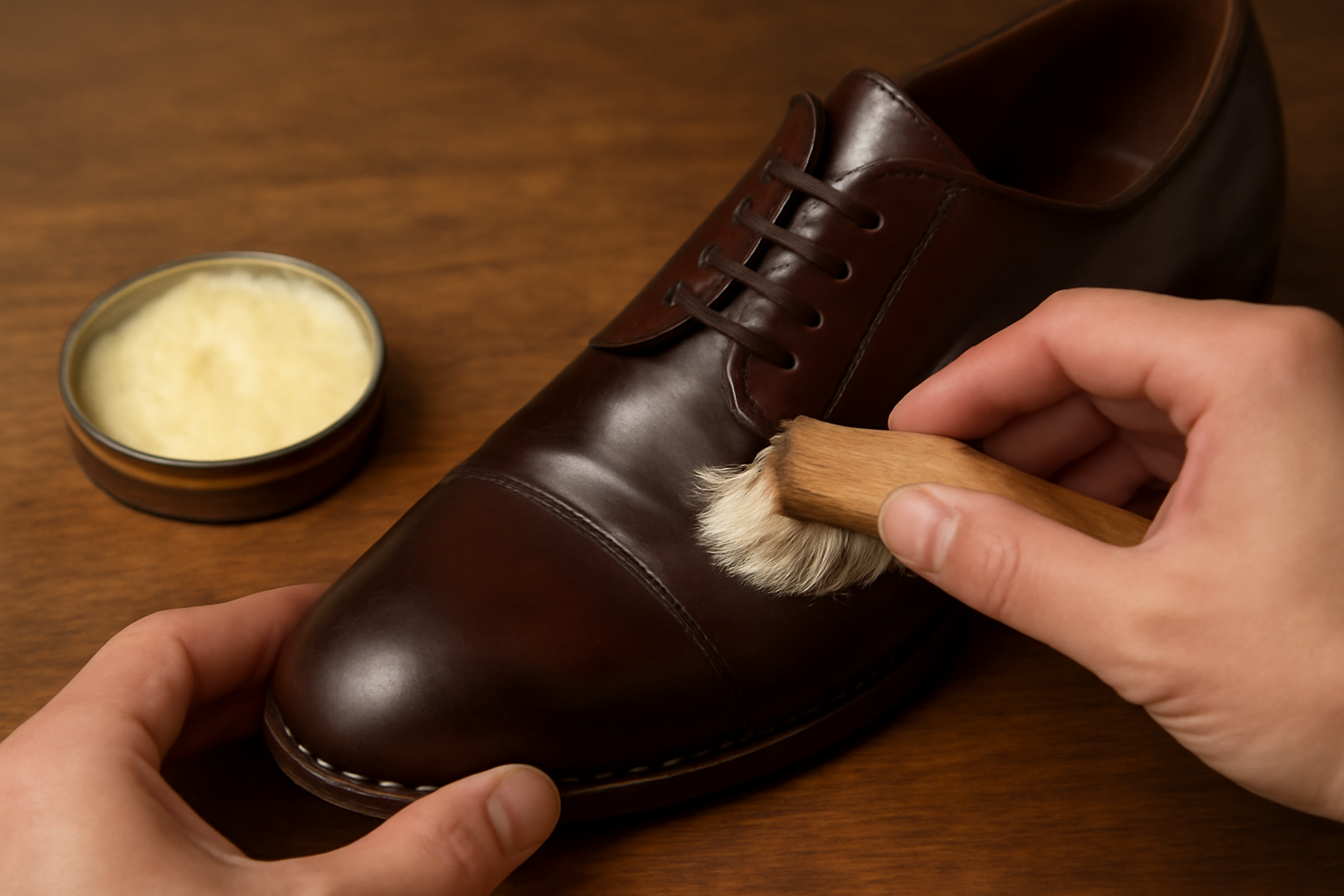 tendancemagasin-soins-naturels-chaussures-cuir mains appliquant cire sur chaussure en cuir