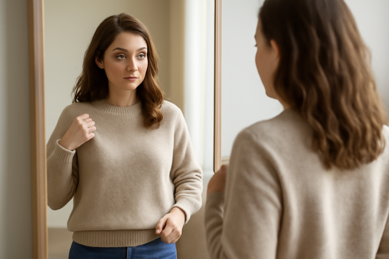 tendancemagasin-taille-pull-maille personne essayant un pull devant miroir