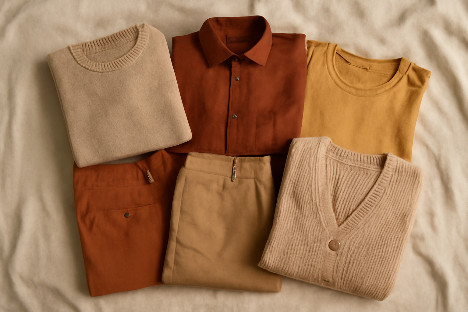 tendancemagasin-teintes-look-automnal palette de vêtements tons terre sur lit