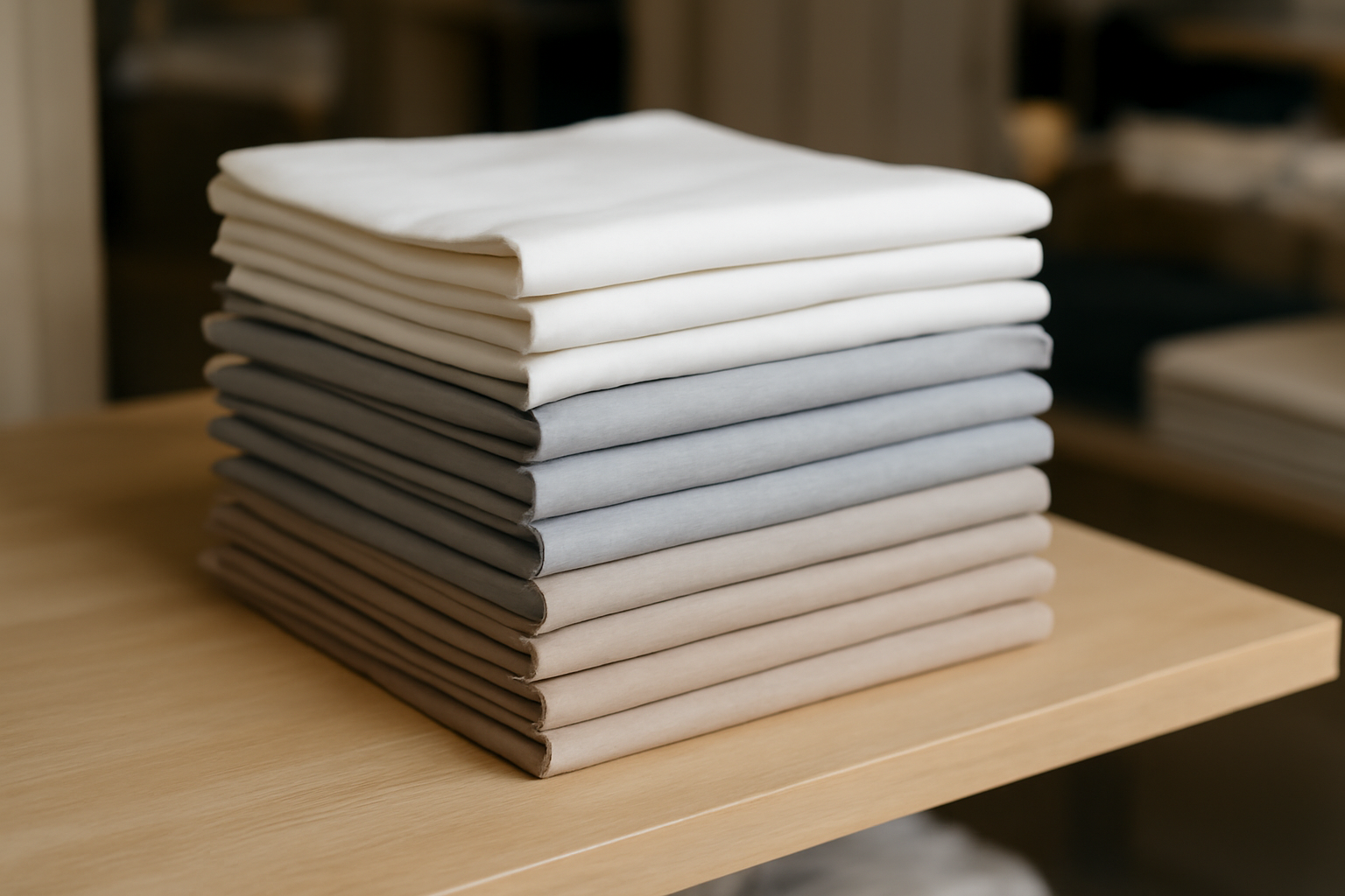 tendancemagasin-trouver-tshirts-durables pile de t-shirts neutres sur étagère boutique