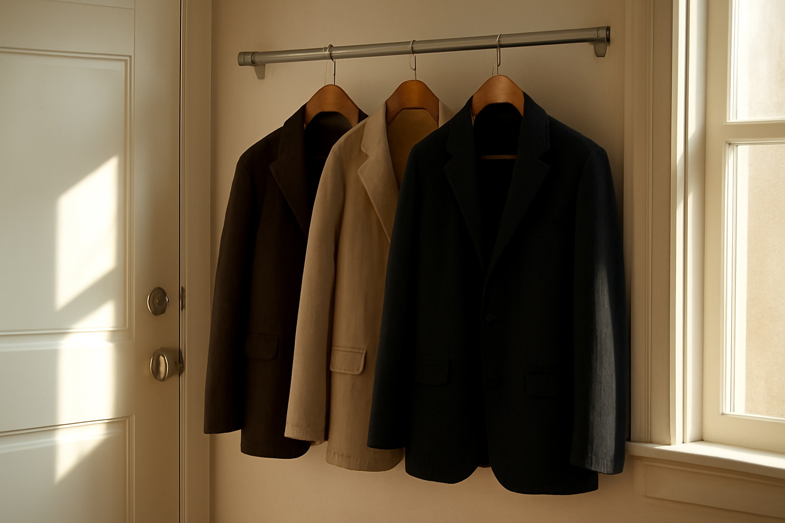 trois vestes suspendues en entrée lumineuse