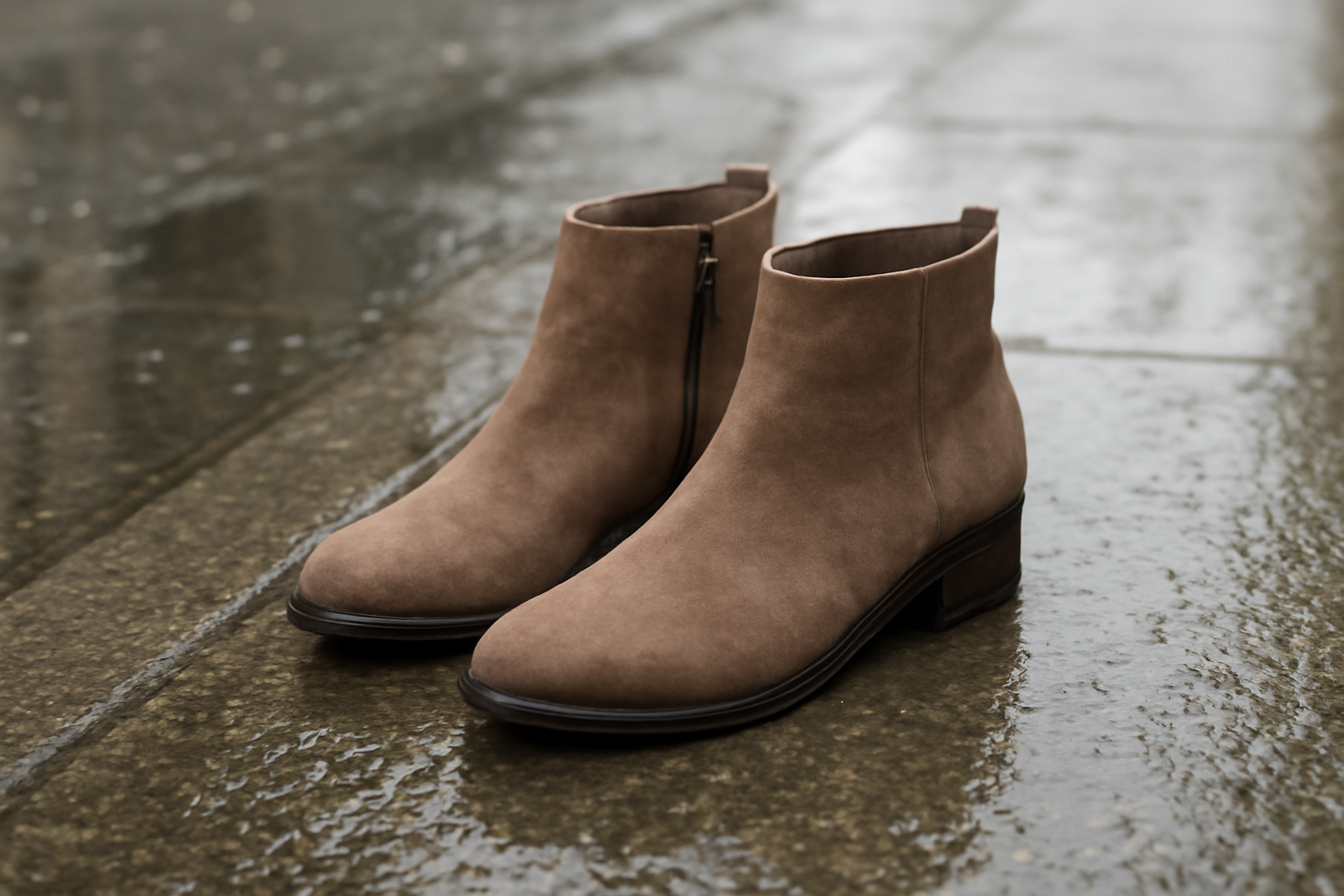 tendancemagasin-yohji-piece-signature paire de bottines posée sur trottoir mouillé