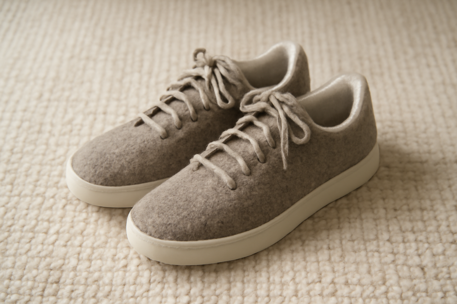 paire de baskets en laine posée sur tapis