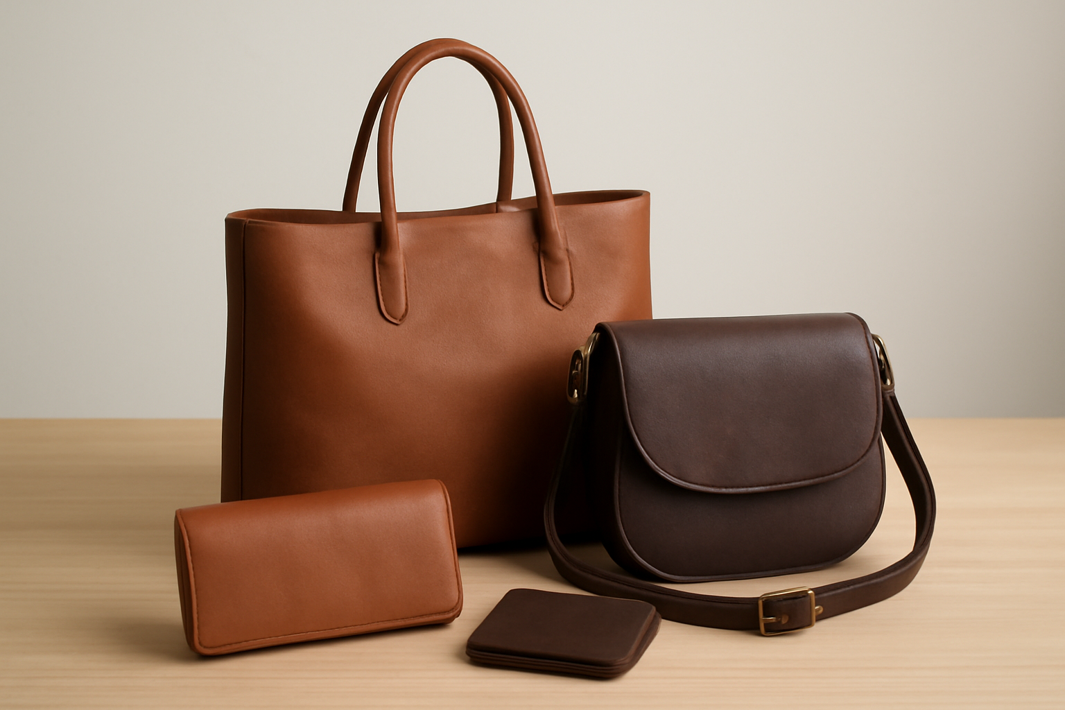 sacs et accessoires posés sur une table épurée