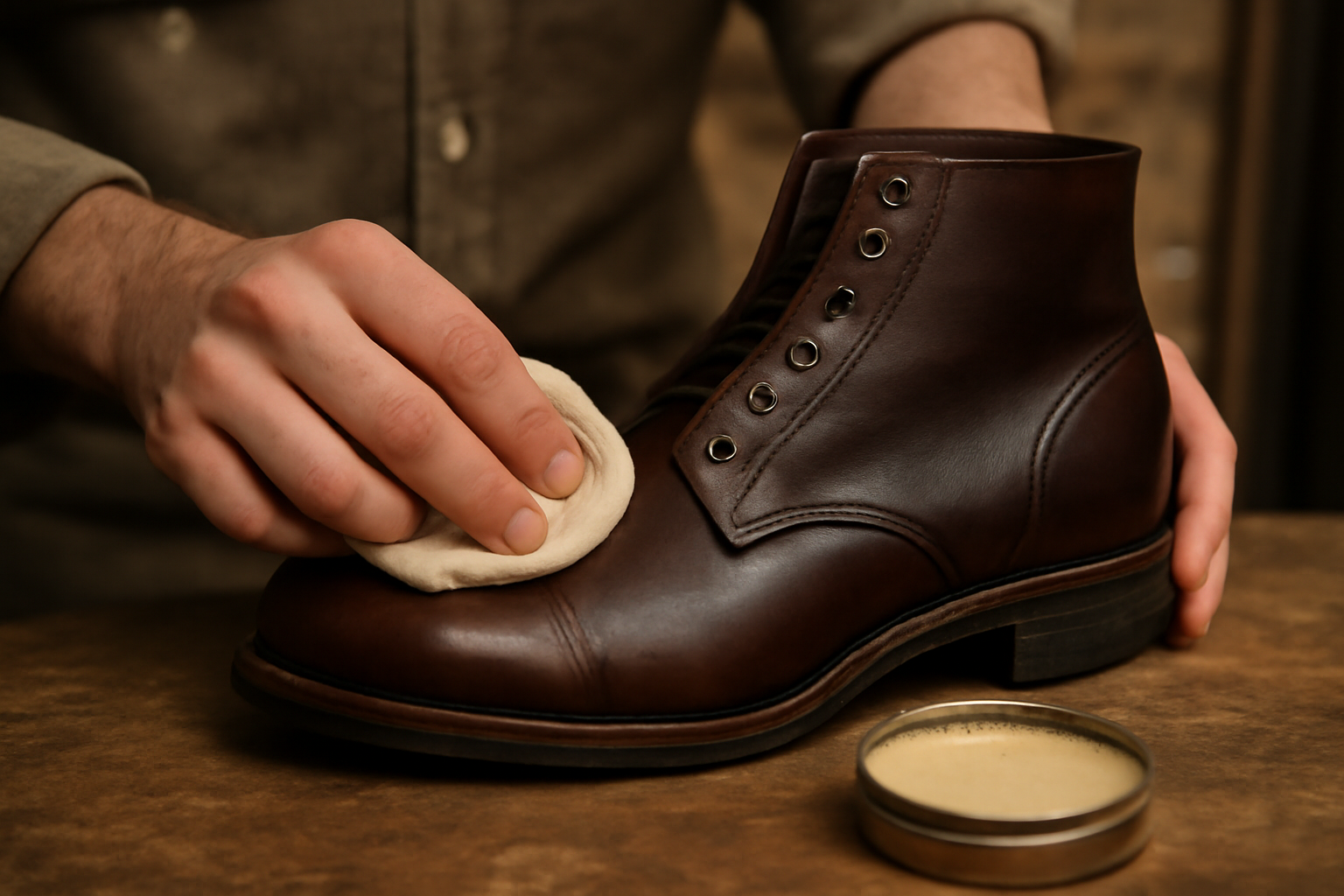 tendancemagasin-assouplir-bottines-neuves mains appliquant cire sur bottines en cuir