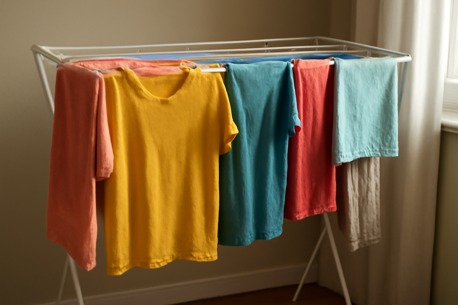 linge coloré étendu sur un étendoir intérieur