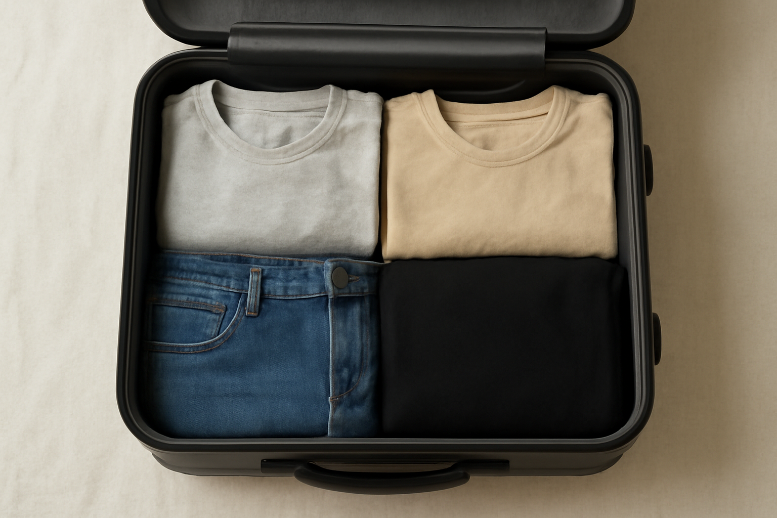 tendancemagasin-basiques-city-break-3-jours valise ouverte avec basiques pliés