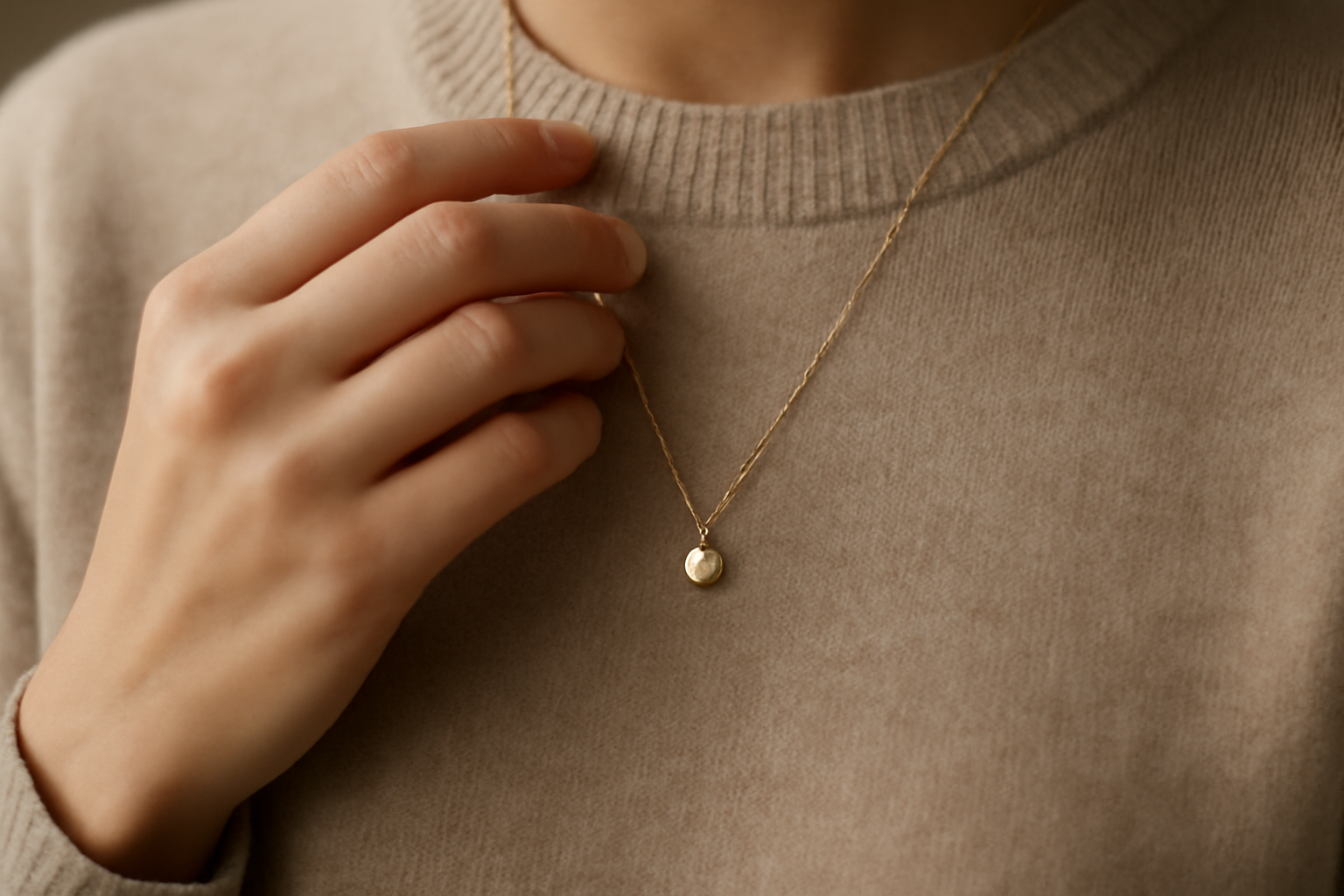 tendancemagasin-bijou-discret-look-minimal main portant collier fin sur pull neutre
