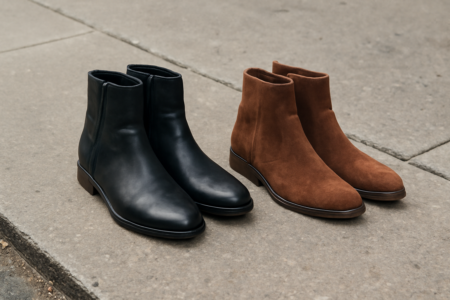 tendancemagasin-bottines-chelsea-ou-biker deux paires de bottines posées sur trottoir