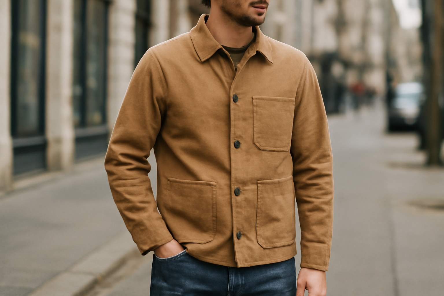 veste workwear portée avec jean en ville