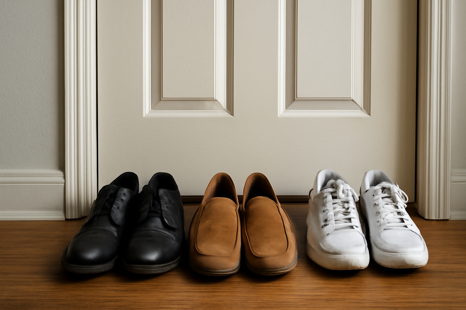 tendancemagasin-chaussures-weekend-citadin-actif trois paires de chaussures alignées devant porte