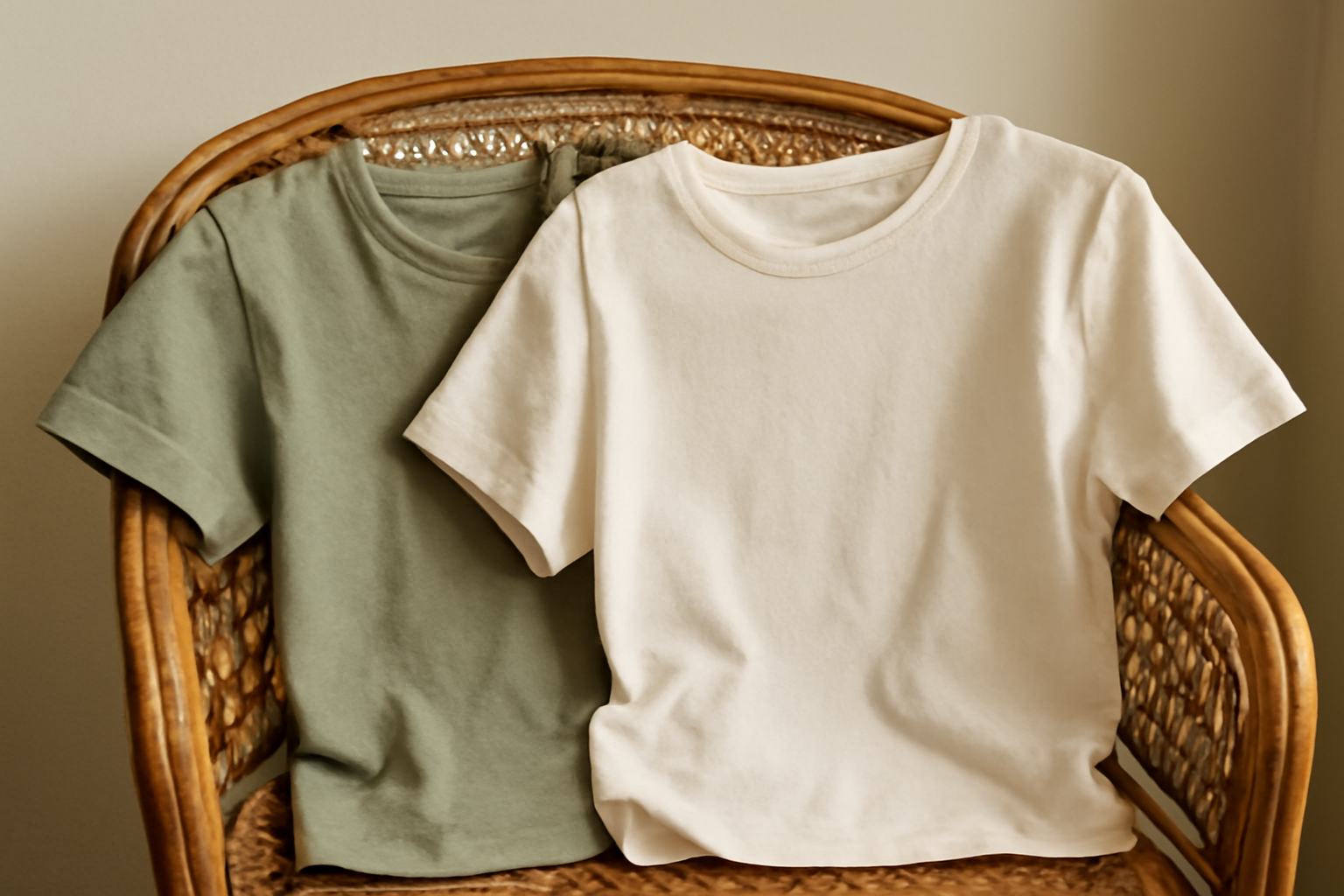 deux t-shirts posés sur chaise en rotin